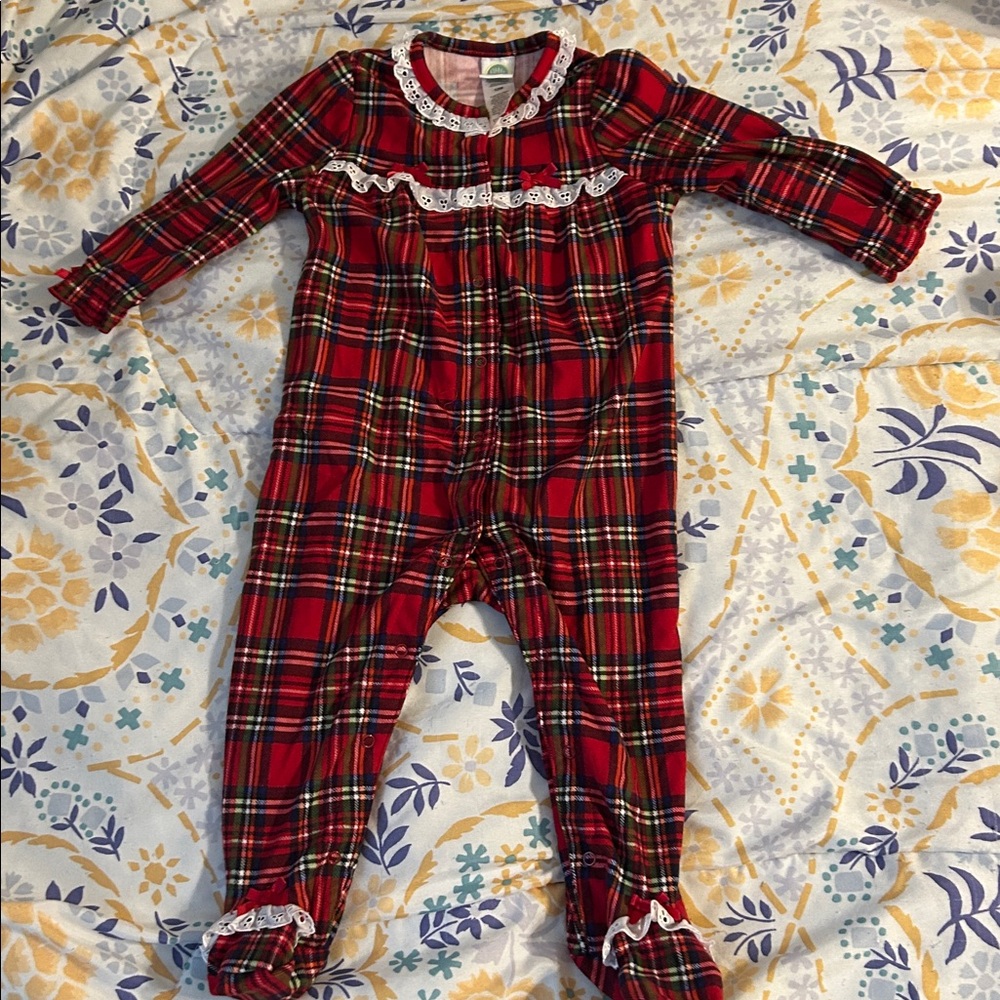 Little Me Red Plaid Onesie with Lace Accents